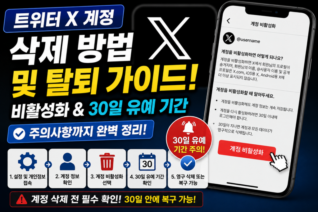 트위터 X 계정 삭제 방법, 비활성화부터 영구 탈퇴 3단계 가이드 2 ChatGPT Image 2026년 5월 25일 오후 07 11 09